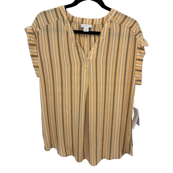 Liz Claiborne Yellow Gray Striped Cap Sleeve V-Neck Rayon Blouse Size Medium NWT - Picture 1 of 5